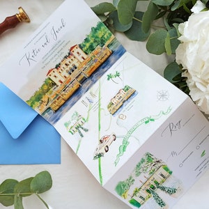 Benutzerdefinierte dreifache Hochzeitseinladung Design, Concertina-Aquarell Hochzeitseinladung, Handgezeichnete illustrierte Hochzeitskarte, Hochzeit-Chronik
