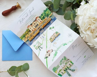 Custom Trifold Wedding Invitation Design, Concertina Watercolor Wedding Invitation, Hand-drawn Illustrated Wedding Map, Wedding Timeline