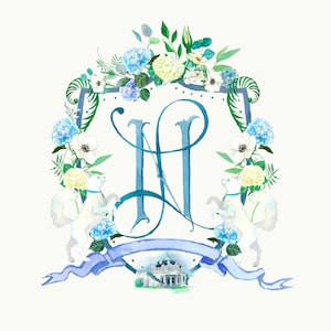 Custom Watercolor Crest, Family Crest, Wedding Hydrangea Monogram, Hand Painted Wedding Crest, Wedding Heraldry, Crest Anniversary