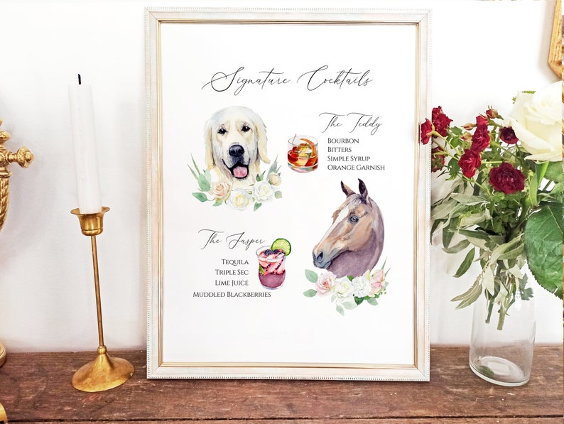 May include: A printable sign with watercolor illustrations of a dog, a horse, and cocktails. The sign lists two signature cocktails, "The Juddy" and "The Jasper", with their ingredients. The text "Signature Cocktails" is at the top of the sign.
