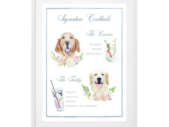 Custom Pet Hand Drawn Signature Drink Sign: Wedding Cocktails Bar with Dogs