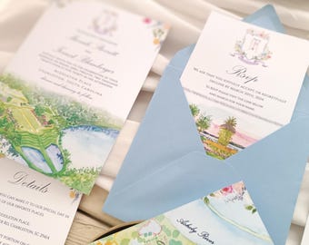 Bespoke Invitation Set for Garden Wedding: Real Watercolors Venue and Crest, Map, Menu