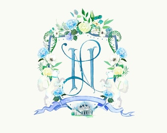Watercolor Wedding Crest with Cats, Blue and White Hydrangeas