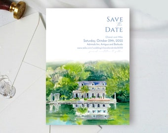 Custom Watercolor Hand Drawn Venue: Chateau Villa Illustration Save The Date