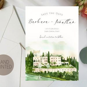 Lugar personalizado Guardar la ilustración de la fecha, invitación de pintura personalizada de la boda, boceto pintado a mano de acuarela del lugar