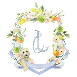 Custom Watercolor Crest Design, Family Crest, Mediterranean Crest, Hand Painted Wedding Venue Crest, Crest with Pet, Crest Anniversary