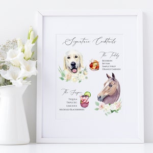 May include: A printable art print with watercolor illustrations of a dog and a horse. The print features a list of signature cocktails with their ingredients, including "The Tiddy" and "The Jasper".