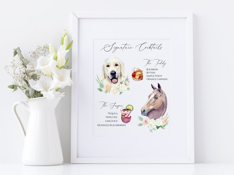 May include: A printable art print with watercolor illustrations of a dog and a horse. The print features a list of signature cocktails with their ingredients, including "The Tiddy" and "The Jasper".