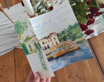 Luxury Custom Watercolor Trifold Wedding Invitation | Fully Hand Painted Fine Art Wedding Stationery