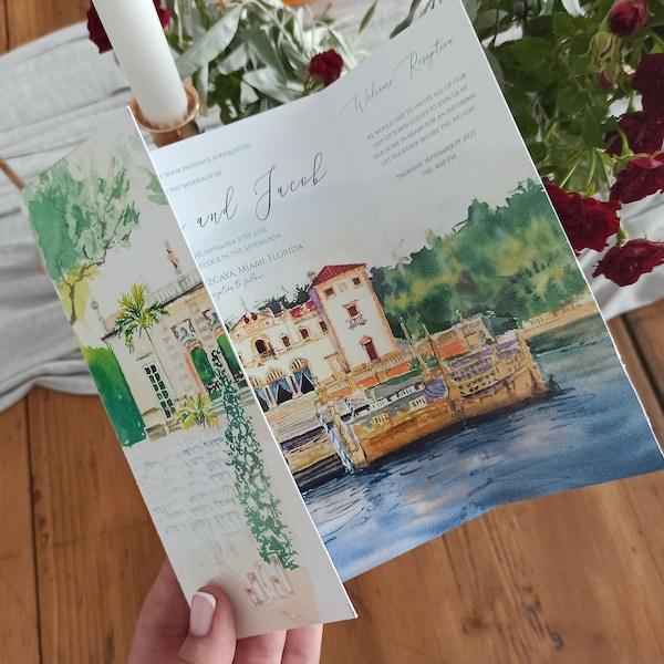 Luxus Trifold Hochzeitseinladungsdesign, kundenspezifische Aquarell Hochzeitseinladung, Veranstaltungsort Außer dem Datum Illustration, gefaltete Einladung