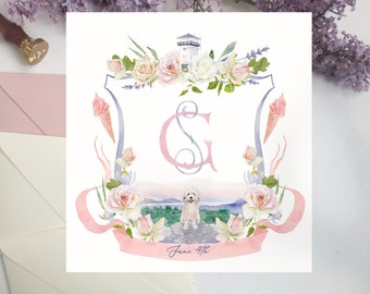 Custom Watercolor Wedding Crest with Pet (Digital)