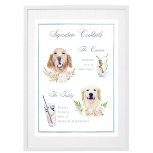 May include: A printable art print featuring two watercolor illustrations of golden retrievers with cocktails and their recipes. The top illustration shows a golden retriever with a cocktail called "The Caesar" with the ingredients bourbon, bitters, and simple syrup. The bottom illustration shows a golden retriever with a cocktail called "The Teddy" with the ingredients tequila, triple sec, mojito, and muddled blackberries.