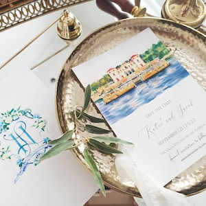Custom Watercolor Save The Date Illustration with Wedding Crest, Wedding Invitation Set, Wedding Crest Monogram, Hand Painted Invitation Set