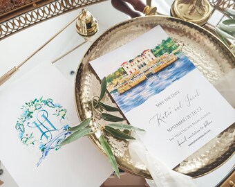 Custom Coastal Venue Save The Date and Wedding Crest with Blue Hydrangea, Real Watercolor