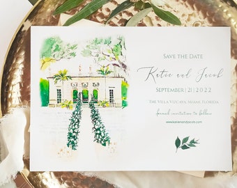 Custom Venue Save The Date, Watercolor Hand Drawn Venue Invitation, Personalized Illustration, Wedding Save The Date Cards