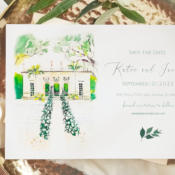 Custom Venue Save The Date, Watercolor Hand Drawn Venue Invitation, Personalized Illustration, Wedding Save The Date Cards