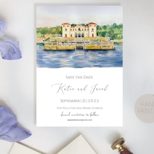 Illustration aquarelle personnalisée du lieu pour réserver une date, faire-part de mariage aquarelle peint à la main, croquis de lieu dessiné main personnalisé