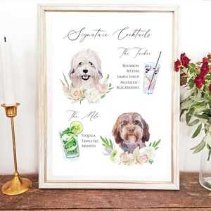 May include: A printable sign with watercolor illustrations of dogs and cocktails. The sign lists two signature cocktails: "The Fucker" with bourbon, bitters, simple syrup, and muddled blackberries, and "The Milo" with tequila, triple sec, and a mojito.