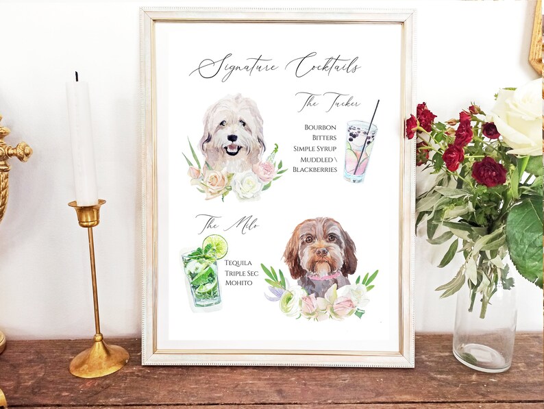 May include: A printable sign with watercolor illustrations of dogs and cocktails. The sign lists two signature cocktails: "The Fucker" with bourbon, bitters, simple syrup, and muddled blackberries, and "The Milo" with tequila, triple sec, and a mojito.
