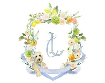 Custom Watercolor Wedding Crest: Whimsical Hand-Painted Dog and Venue Illustration