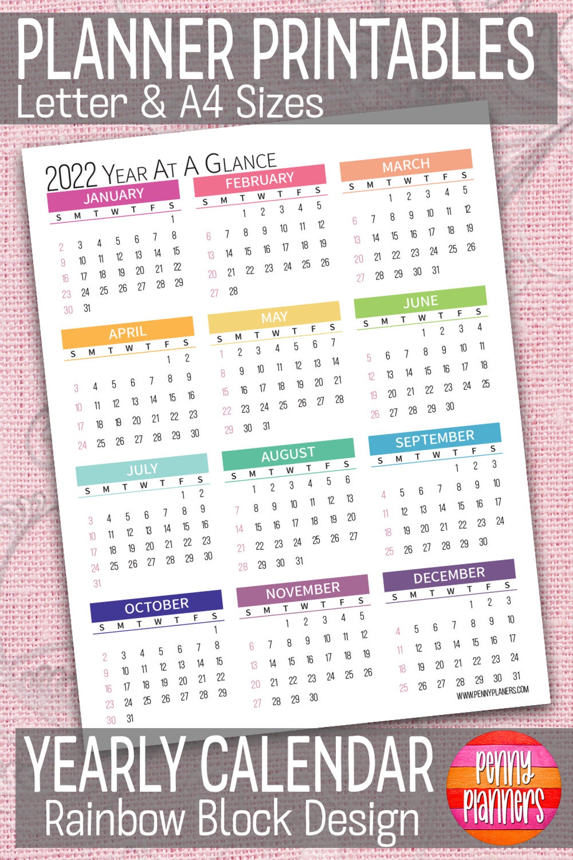 2022 yearly calendar 85x11 a4 printable color block etsy