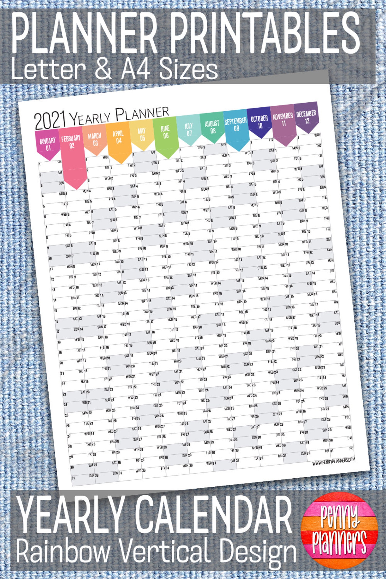 2021 Yearly Calendar 8.5X11 A4 Printable Vertical | Etsy