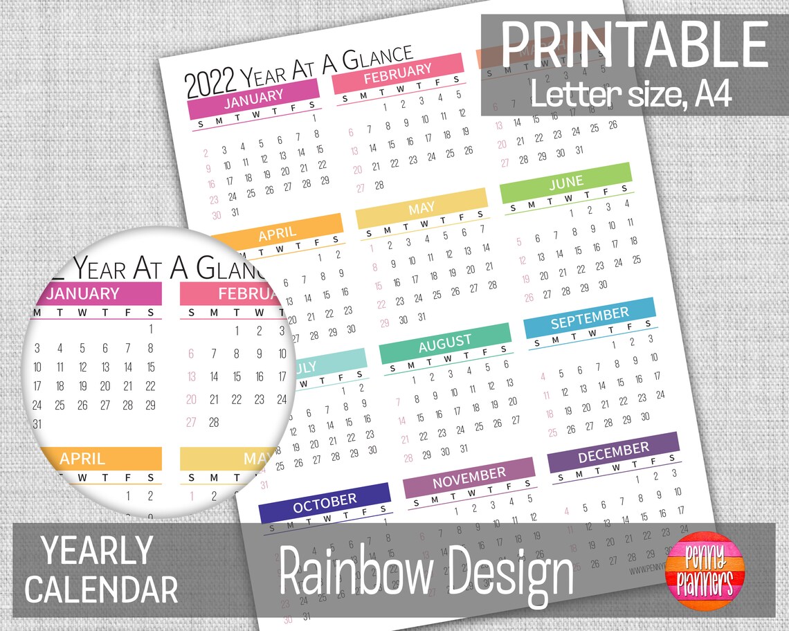 2022 yearly calendar 85x11 a4 printable color block etsy