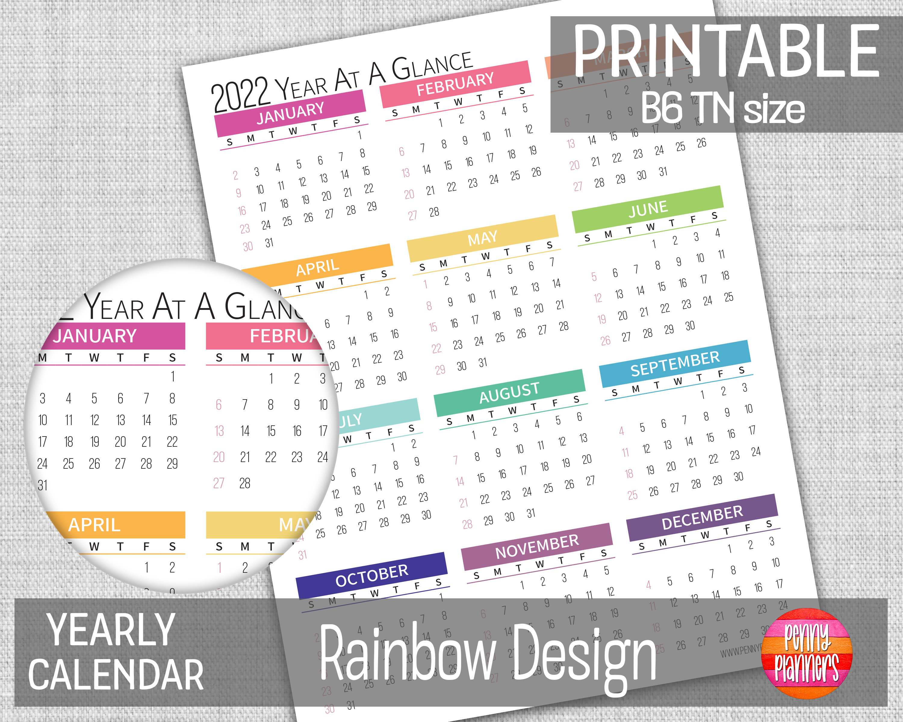 Vertical Layout Yearly Overview Printable Birthday Calendar Rainbow B6 ...