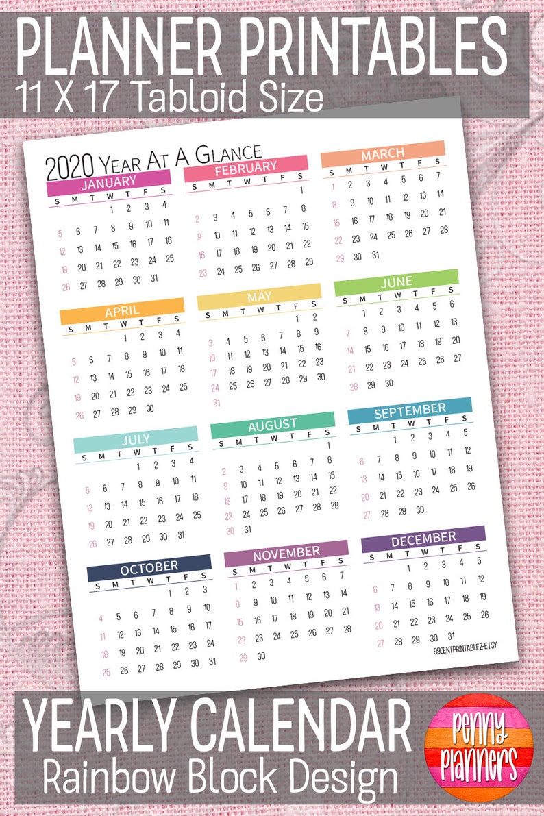 2020 Yearly Calendar 11X17 Printable Color Block Wall Etsy