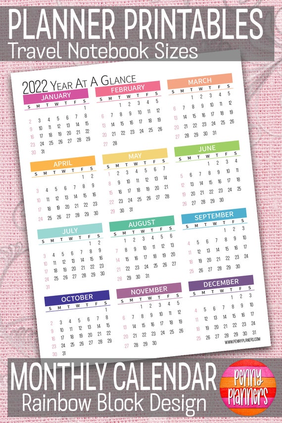Vertical Layout Yearly Overview Printable Birthday Calendar Rainbow B6 ...