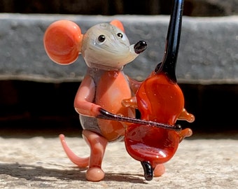 Mouse playing the bass, Murano glass animals playing musical instruments, hand made in Venice by Umberto Ragazzi