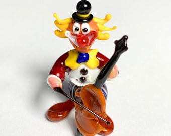 Clown playing the bass, Murano glass Clown double bassist lampworked in Venice by Umberto Ragazzi.