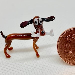 Glass wiener dog with a bone Dachshund puppy. Cute tiny Murano glass animal gift Lampwork Figurine. See my sculptured miniature animals