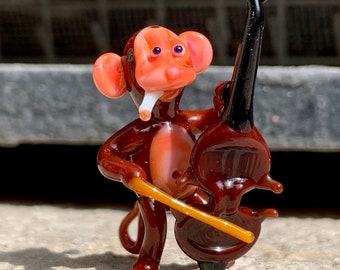 Bass Player Monkey, Murano glass animals playing, made in Venice