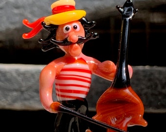 Gondolier bass player, Venice musician souvenir. Authentic Murano glass figurine made in Venice