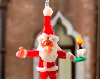 Christmas tree Ornament, Murano glass Santa Claus figurine lampworked in Venice, Italy