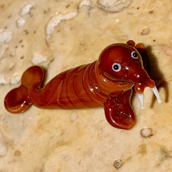 Tiny walrus figurine, authentic Murano glass miniature made in Venice. See my sea creatures and animals, making them since 1974