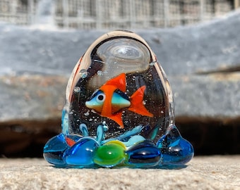 Murano Aquarium glass goldfish, red fish in a bag of water with murrine miniature. Figurine lampworked in Venice by Umberto Ragazzi