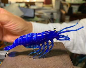 Blue Shrimp, Murano glass prawn lampworked in Venice by Umberto Ragazzi. See my glass art and figurines with certificate of authenticity.