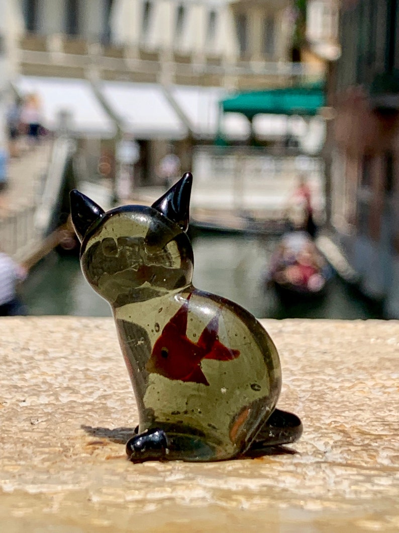 Murano Glass Black Cat With a Goldfish Red Fish in Its Etsy UK
