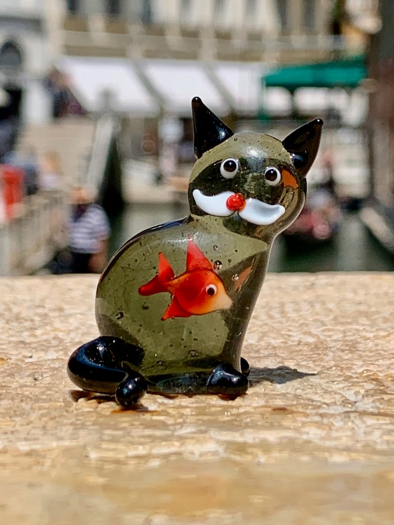Murano Glass Black Cat With a Goldfish Red Fish in Its Etsy
