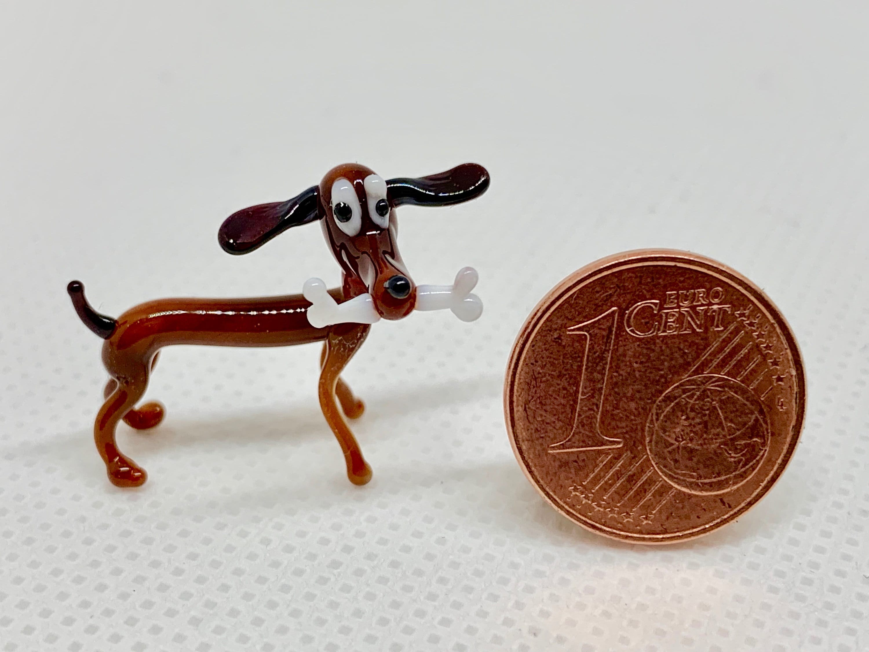 Glass wiener dog with a bone Dachshund puppy. Cute tiny Murano glass animal gift Lampwork Figurine. See my sculptured miniature animals