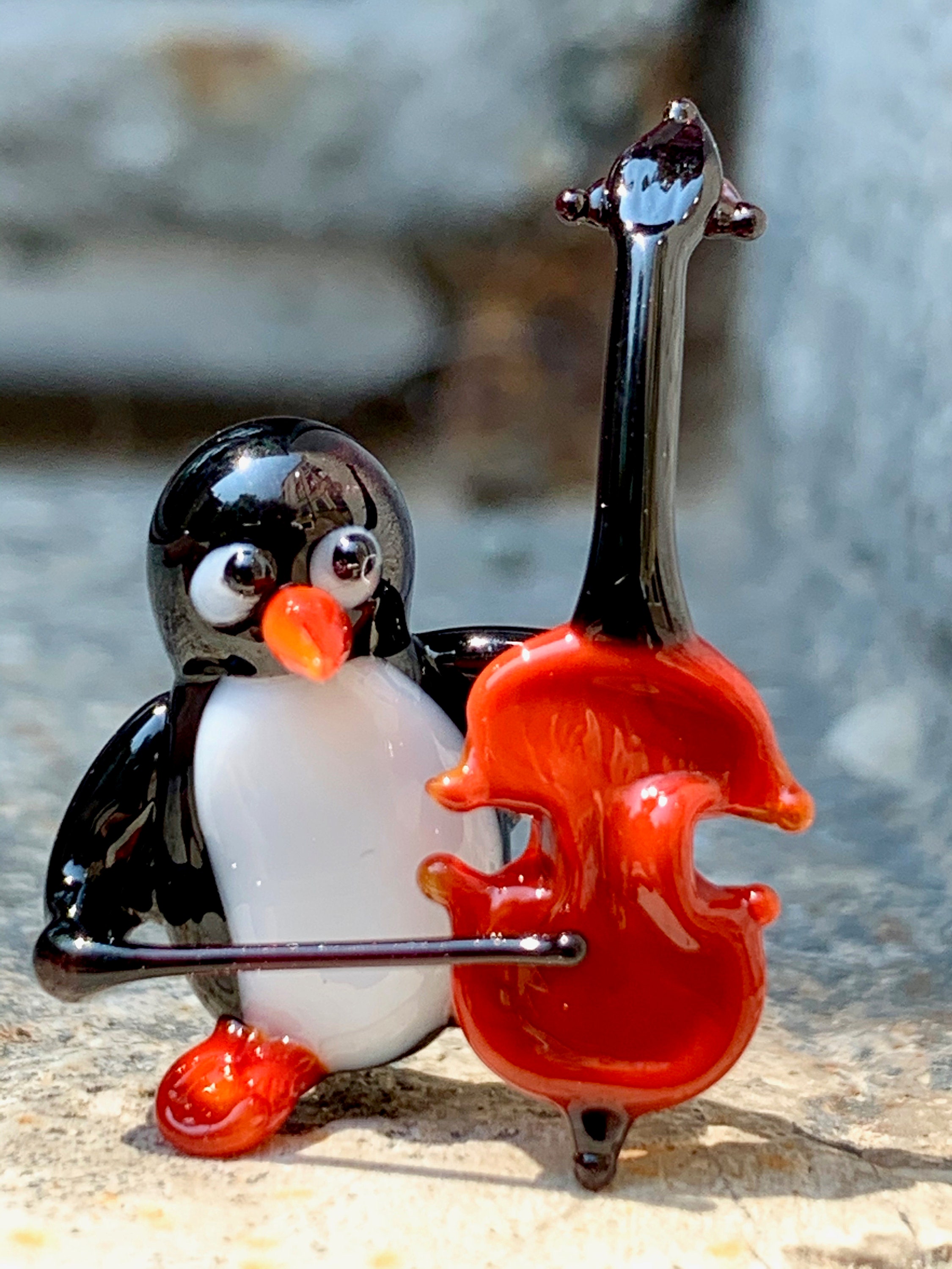 Bass Player Penguin, Murano glass animals playing, made in Venice 