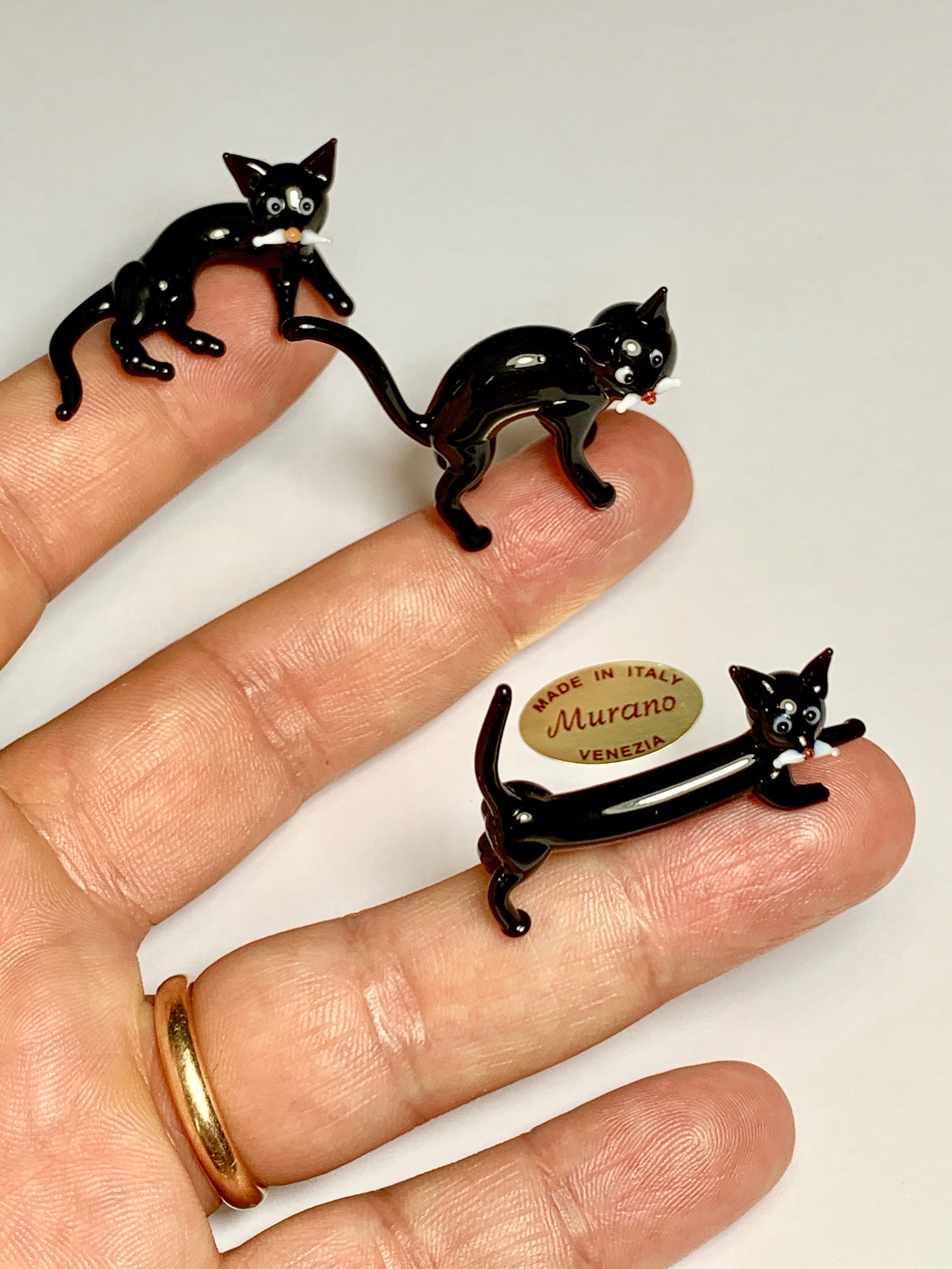 A Clowder of Black Cats, Tiny Genuine Murano Glass Miniatures Made