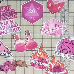 Pink Dungeons and Dragons sticker pack | 14 stickers | thick waterproof vinyl with lamination | DND | dice, potions |