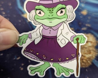Witch Granny green frog | kawaii cute cottage core art sticker | waterproof and durable
