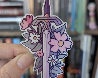 Floral sword sticker | waterproof | holographic, sparkle or glossy finish | fantasy, DND, romanticy, flowers, weapons