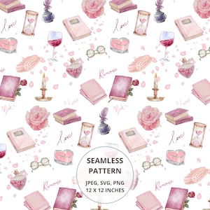 May include: Seamless pattern featuring watercolor illustrations of books, roses, hourglasses, candles, perfume bottles, and wine glasses in shades of pink and purple. The word "love" is written in cursive.