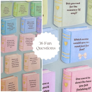 Peut inclure: Un ensemble de cartes en forme de livre color&eacute;es avec diverses questions imprim&eacute;es. Les cartes sont dans des tons de bleu, vert, rose et p&ecirc;che, avec des accents dor&eacute;s. Le centre de l'image pr&eacute;sente un graphique blanc en forme d'&eacute;clat d'&eacute;toile avec le texte "36 Fun Questions".