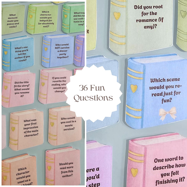 Peut inclure: Un ensemble de cartes en forme de livre color&eacute;es avec diverses questions imprim&eacute;es. Les cartes sont dans des tons de bleu, vert, rose et p&ecirc;che, avec des accents dor&eacute;s. Le centre de l'image pr&eacute;sente un graphique blanc en forme d'&eacute;clat d'&eacute;toile avec le texte "36 Fun Questions".